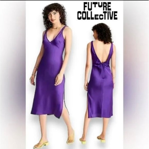 Future Collective Dresses & Skirts - Future Collective Alani Noelle Purple Satin Midi Dress V-Neck Sleeveless  Small